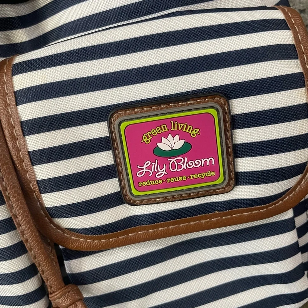 Lily Bloom Navy & White Striped Backpack with Front Pockets & Lime Green Inside - Picture 2 of 11